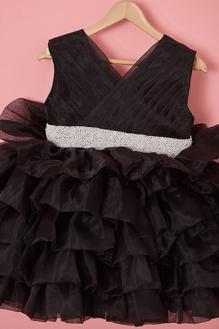Black Organza & Satin Pearl Embroidered Dress For Girls by Lilglam at Pernia's Pop Up Shop