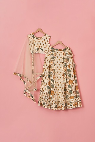 Peach Cotton Block Printed Lehenga Set For Girls by Lilglam