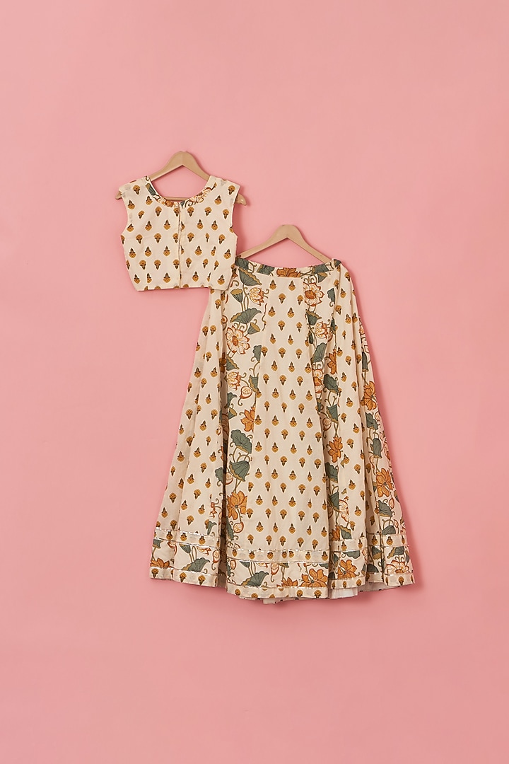 Peach Cotton Block Printed Lehenga Set For Girls by Lilglam at Pernia's Pop Up Shop