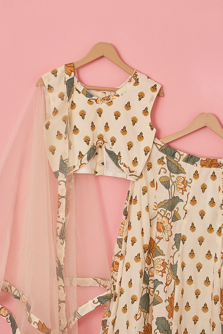 Peach Cotton Block Printed Lehenga Set For Girls by Lilglam at Pernia's Pop Up Shop