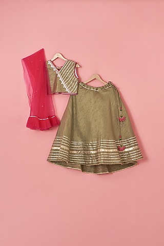 Olive Green Raw Silk Gota Lace Embellished Lehenga Set For Girls by Lilglam