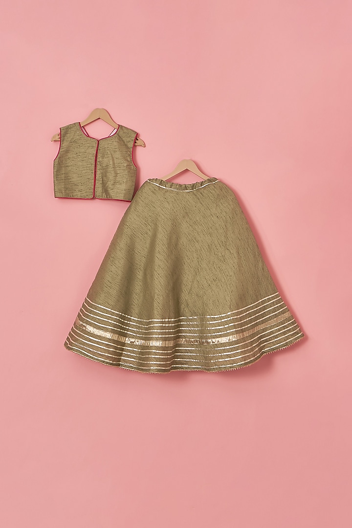 Olive Green Raw Silk Gota Lace Embellished Lehenga Set For Girls by Lilglam at Pernia's Pop Up Shop