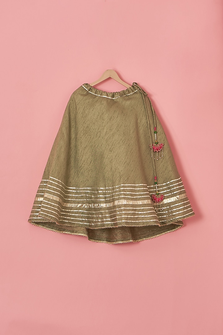 Olive Green Raw Silk Gota Lace Embellished Lehenga Set For Girls by Lilglam at Pernia's Pop Up Shop