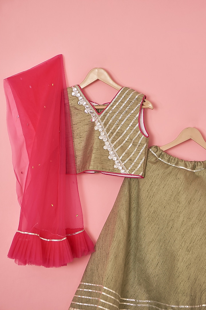 Olive Green Raw Silk Gota Lace Embellished Lehenga Set For Girls by Lilglam at Pernia's Pop Up Shop