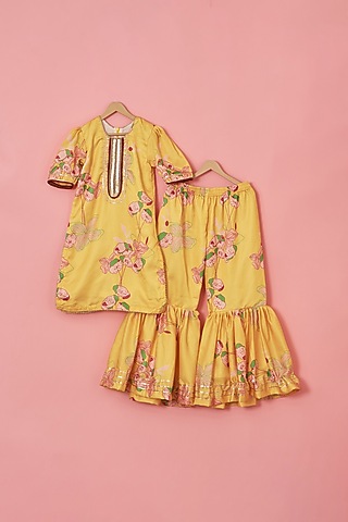 Yellow Silk & Cotton Floral Printed Sharara Set For Girls by Lilglam