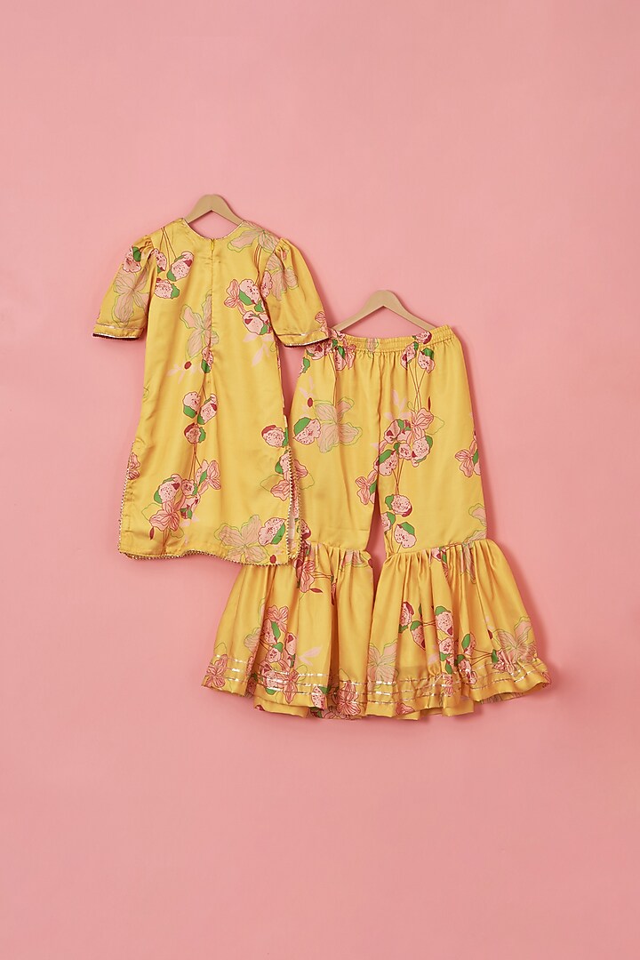 Yellow Silk & Cotton Floral Printed Sharara Set For Girls by Lilglam at Pernia's Pop Up Shop