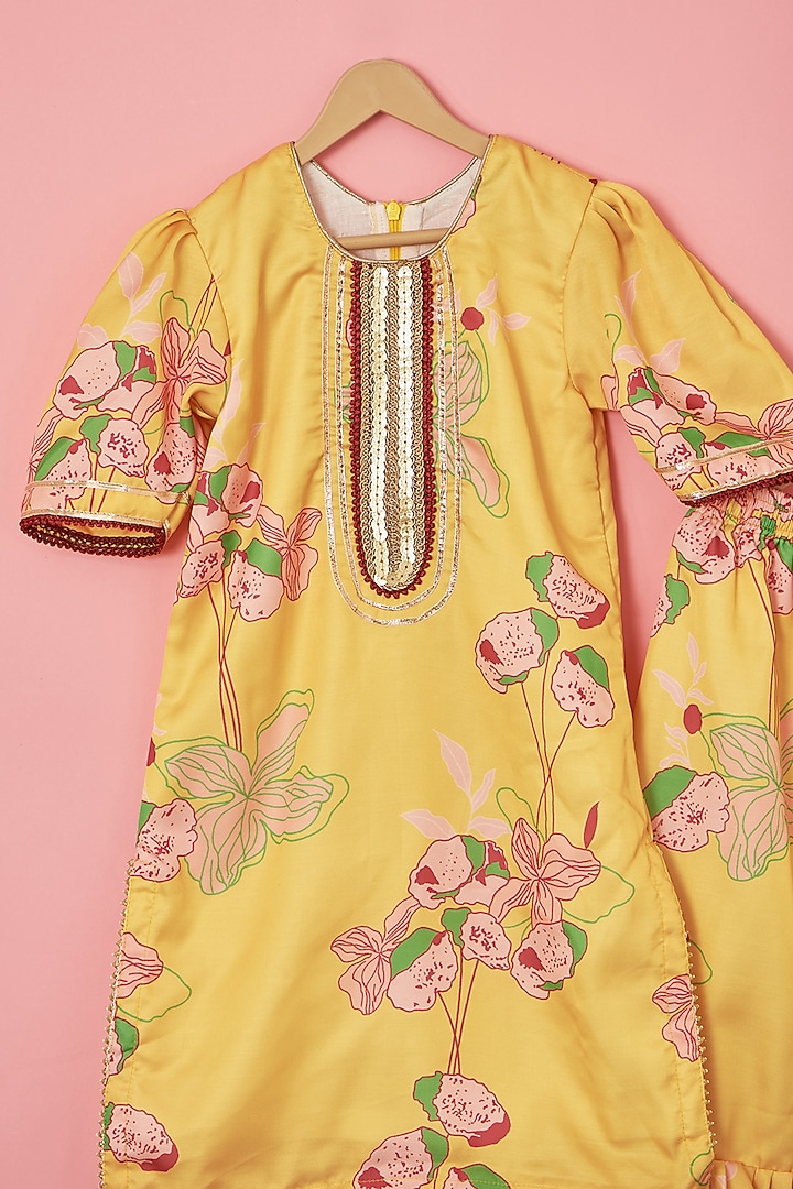 Yellow Silk & Cotton Floral Printed Sharara Set For Girls by Lilglam at Pernia's Pop Up Shop