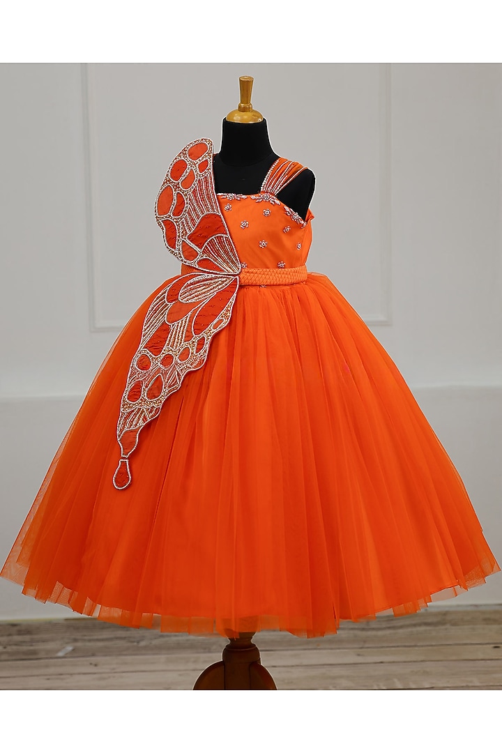 Orange Net & Satin Gown For Girls by Li & Li Boutique at Pernia's Pop Up Shop
