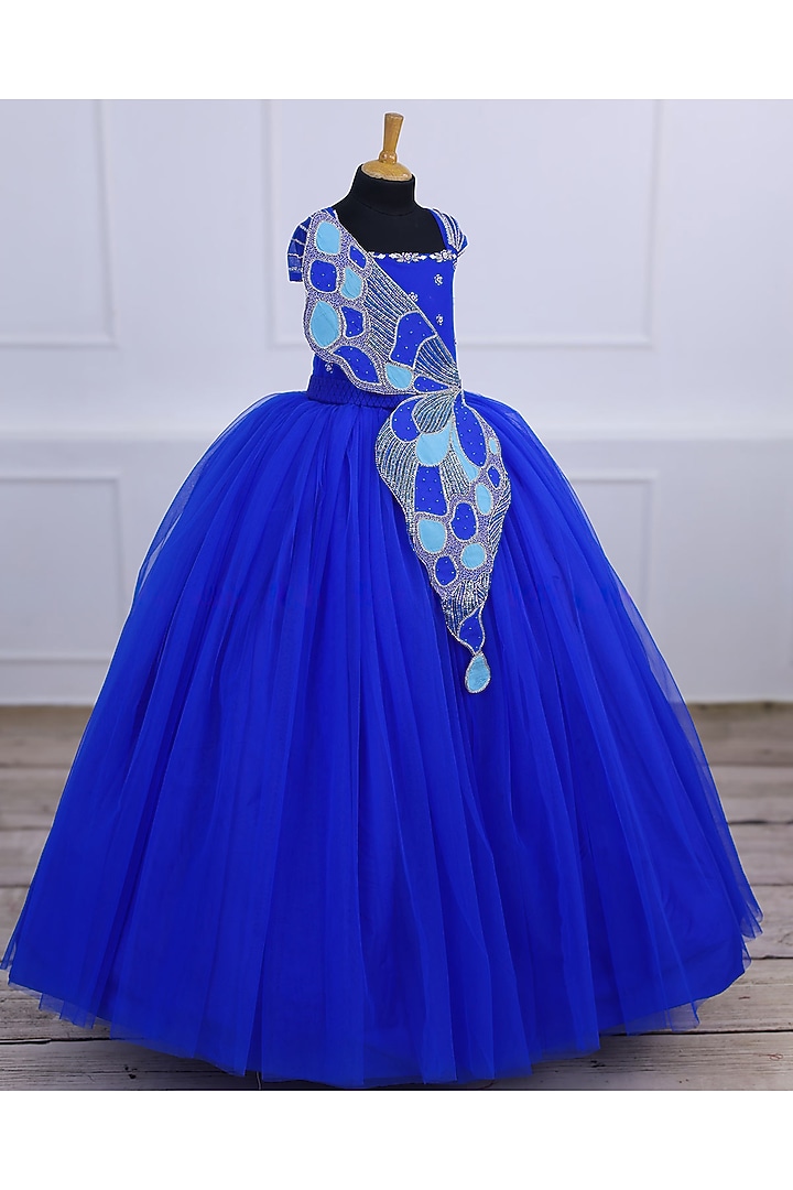 Royal Blue Net & Satin Gown For Girls by Li & Li Boutique at Pernia's Pop Up Shop