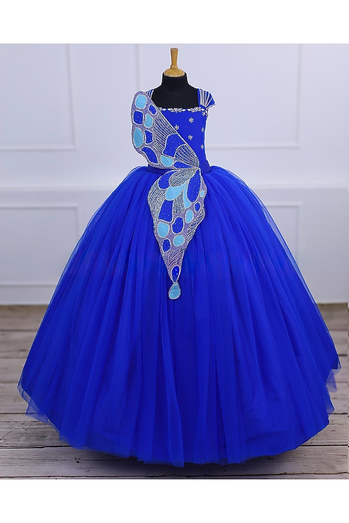 Royal Blue Net & Satin Gown For Girls by Li & Li Boutique at Pernia's Pop Up Shop