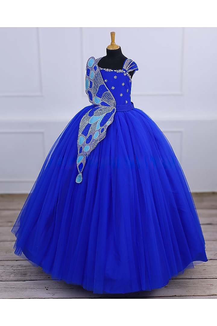 Royal Blue Net & Satin Gown For Girls by Li & Li Boutique at Pernia's Pop Up Shop