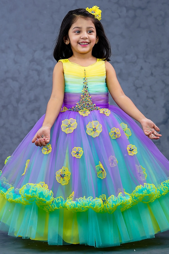Multi-Colored Net & Satin Embroidered Gown For Girls by Li & Li Boutique at Pernia's Pop Up Shop