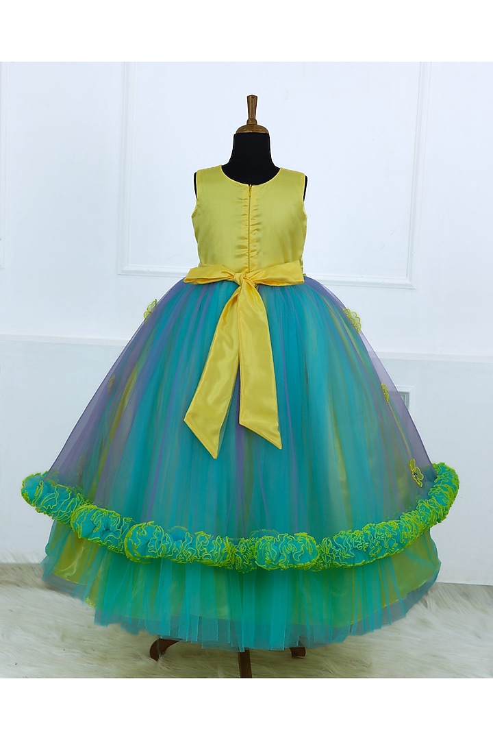 Multi-Colored Net & Satin Embroidered Gown For Girls by Li & Li Boutique at Pernia's Pop Up Shop