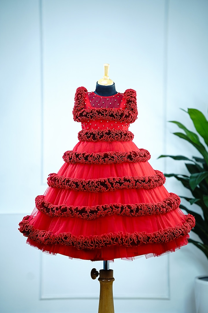 Red Net & Satin Jacket Gown For Girls by Li & Li Boutique at Pernia's Pop Up Shop