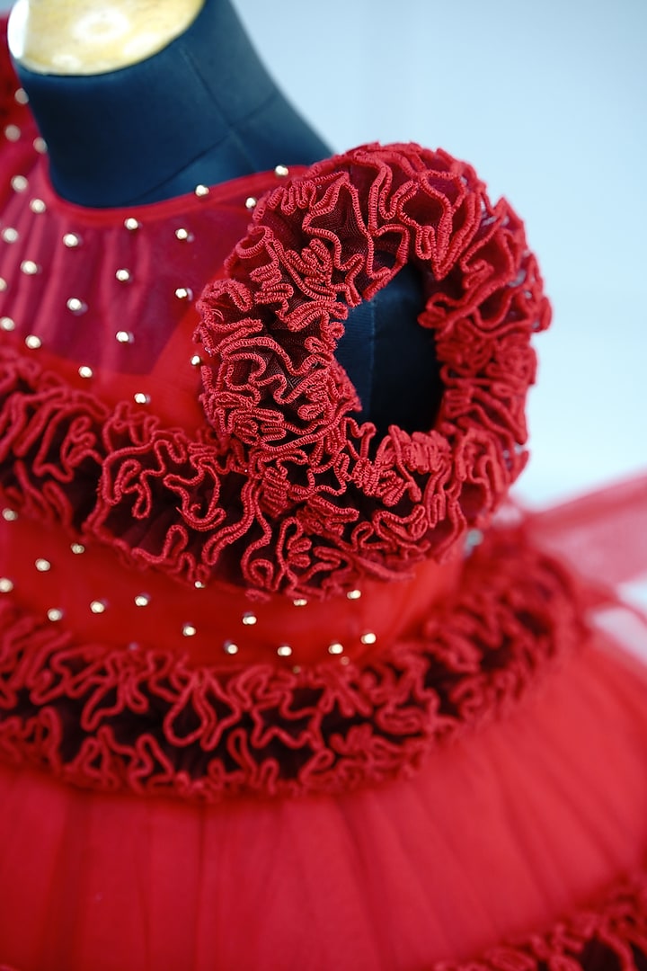 Red Net & Satin Jacket Gown For Girls by Li & Li Boutique at Pernia's Pop Up Shop