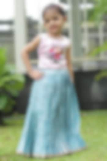 Blue Brocade Skirt Set For Girls by Li & Li Boutique at Pernia's Pop Up Shop