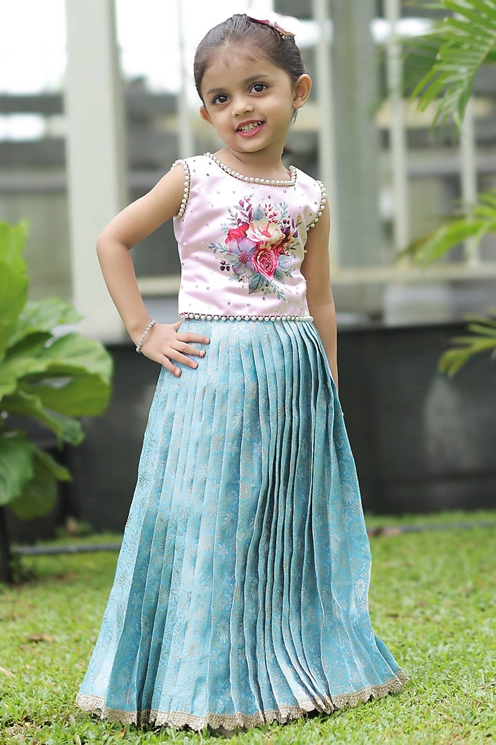 Blue Brocade Skirt Set For Girls by Li & Li Boutique at Pernia's Pop Up Shop