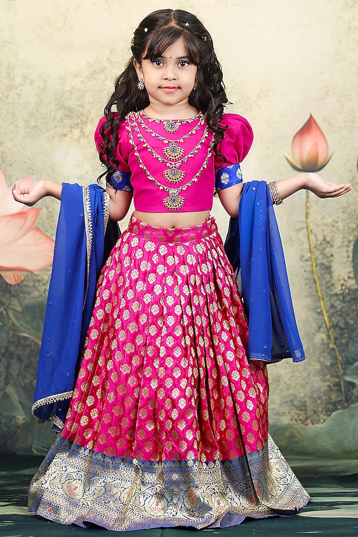 Magenta Brocade Embroidered Lehenga Set For Girls by Li & Li Boutique at Pernia's Pop Up Shop