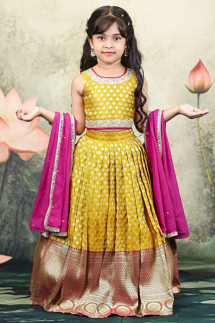 Mustard Brocade Embroidered Lehenga Set For Girls by Li & Li Boutique at Pernia's Pop Up Shop