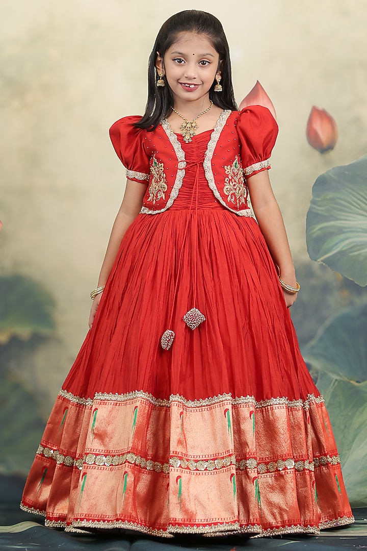 Red Modal Silk Jacket Gown For Girls by Li & Li Boutique at Pernia's Pop Up Shop