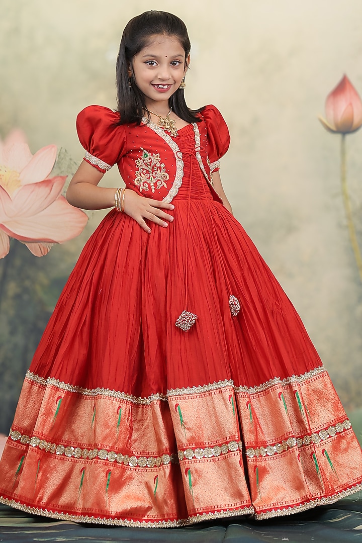 Red Modal Silk Jacket Gown For Girls by Li & Li Boutique at Pernia's Pop Up Shop