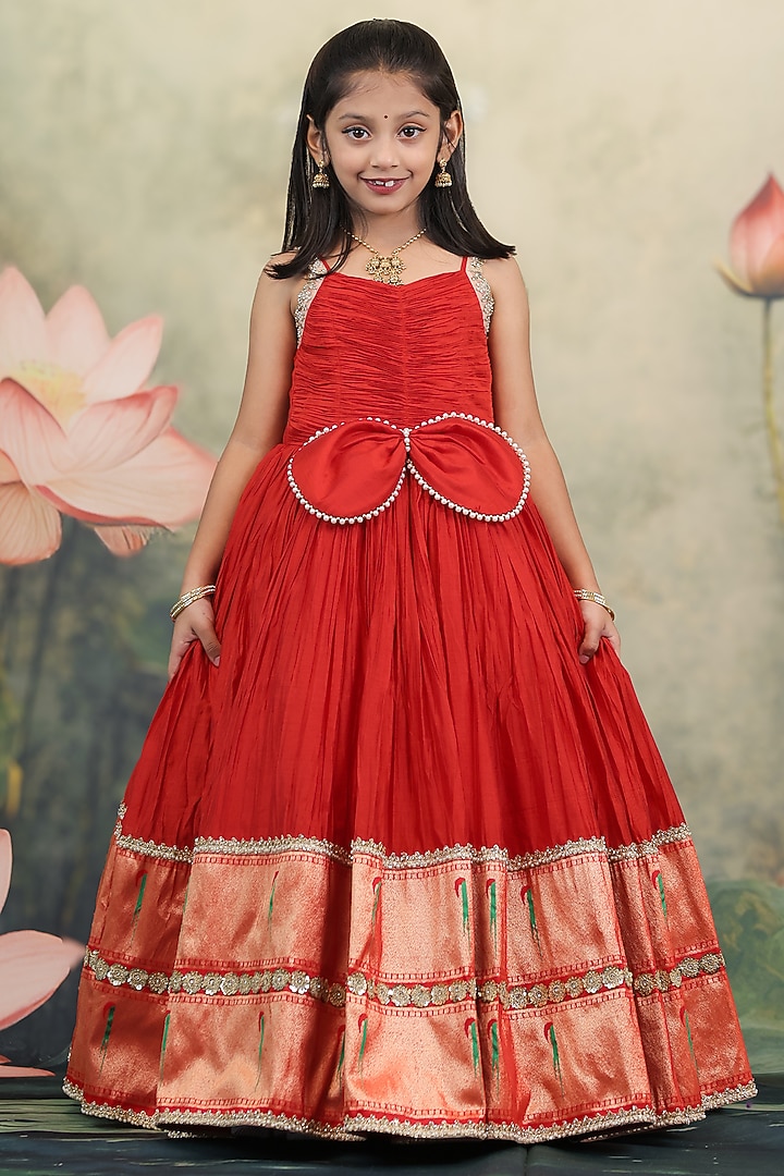 Red Modal Silk Jacket Gown For Girls by Li & Li Boutique at Pernia's Pop Up Shop