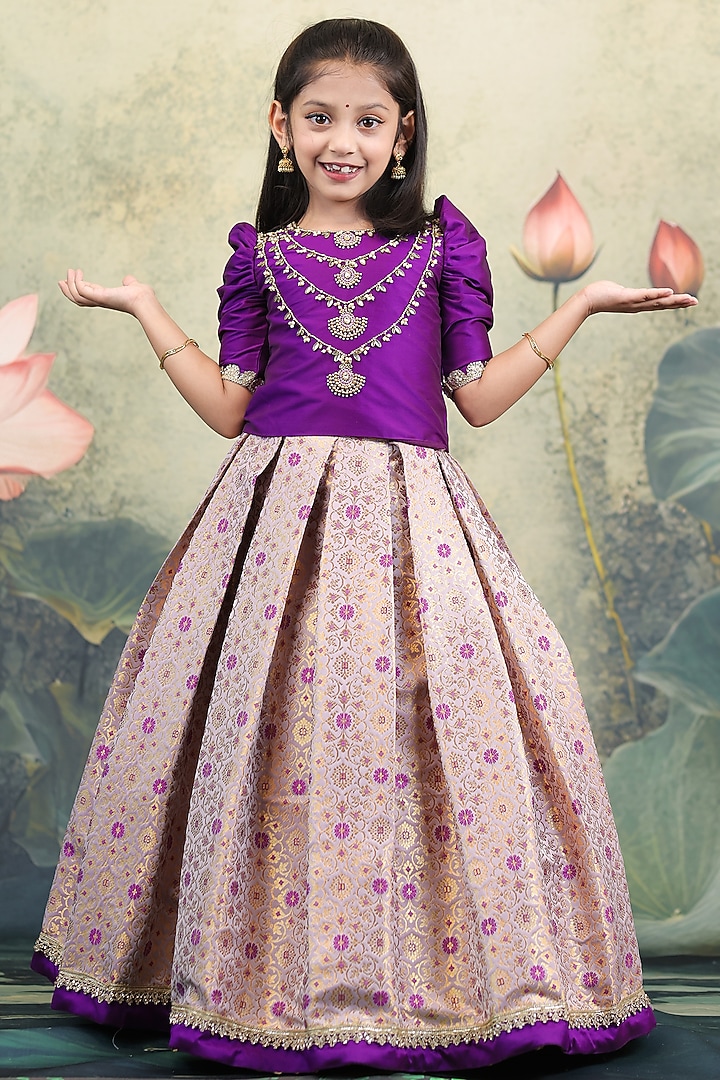 Purple Brocade Skirt Set For Girls by Li & Li Boutique at Pernia's Pop Up Shop