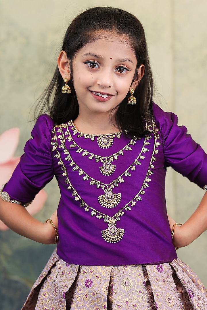 Purple Brocade Skirt Set For Girls by Li & Li Boutique at Pernia's Pop Up Shop