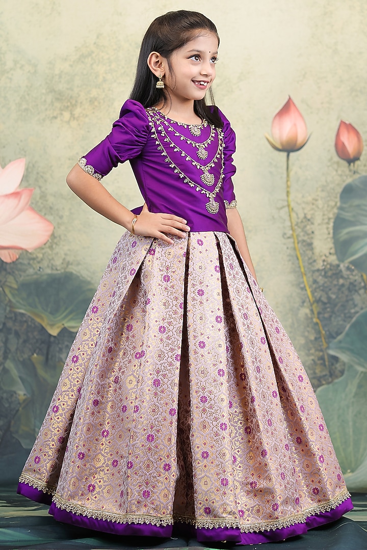 Purple Brocade Skirt Set For Girls by Li & Li Boutique at Pernia's Pop Up Shop