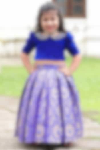 Royal Blue Brocade Pleated Skirt Set For Girls by Li & Li Boutique at Pernia's Pop Up Shop
