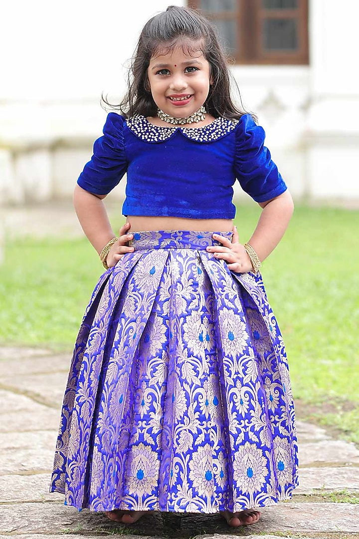 Royal Blue Brocade Pleated Skirt Set For Girls by Li & Li Boutique at Pernia's Pop Up Shop