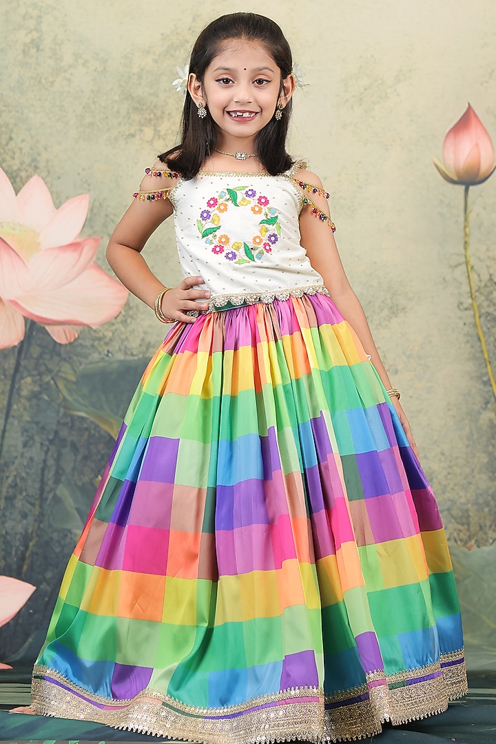 Multi-Colored Slub Checkered Skirt Set For Girls by Li & Li Boutique at Pernia's Pop Up Shop