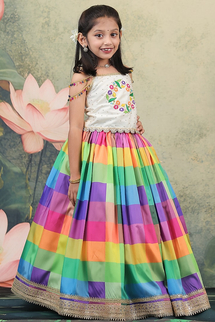 Multi-Colored Slub Checkered Skirt Set For Girls by Li & Li Boutique at Pernia's Pop Up Shop