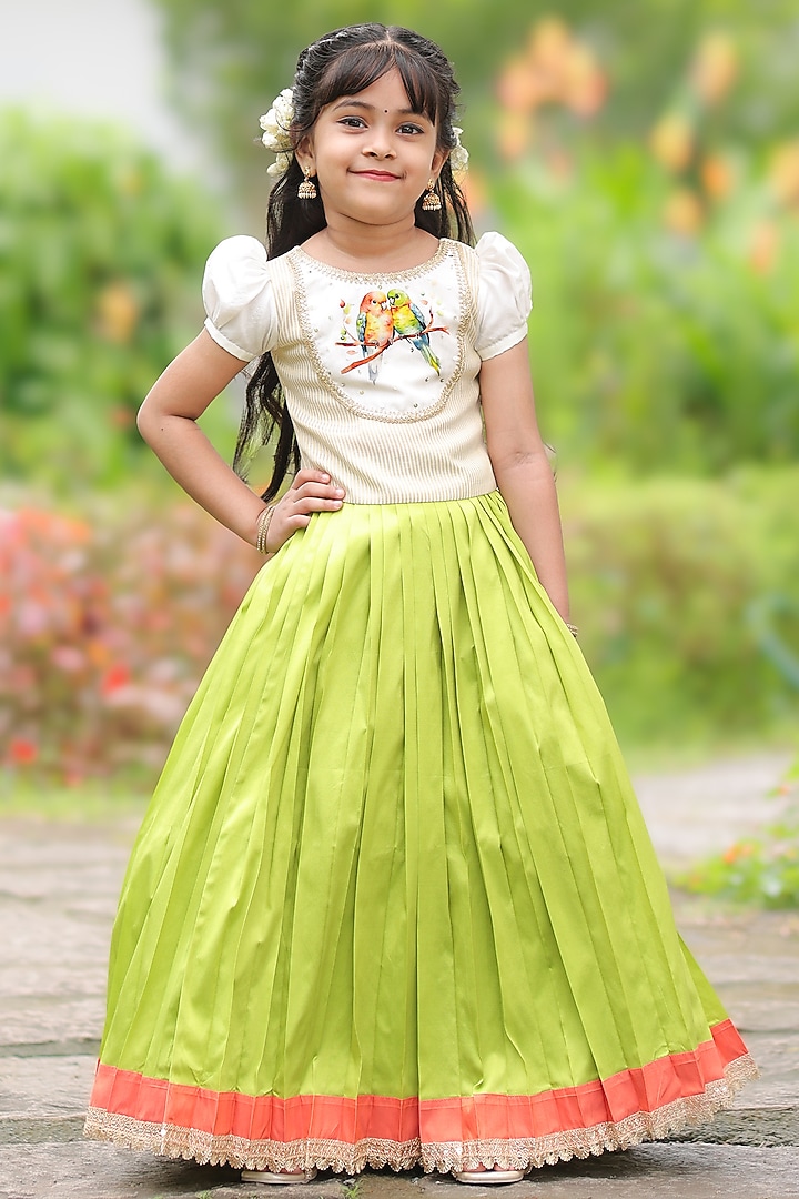 Lime Green Taffeta Skirt Set For Girls by Li & Li Boutique at Pernia's Pop Up Shop