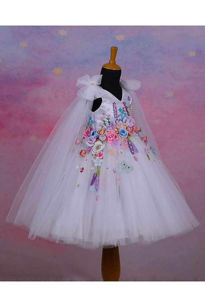 White Net & Satin Embroidered Gown For Girls by Li & Li Boutique at Pernia's Pop Up Shop