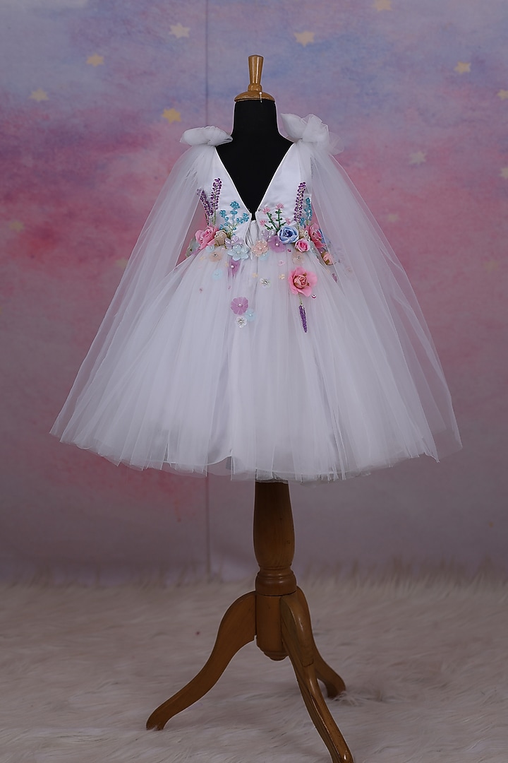 White Net & Satin Embroidered Gown For Girls by Li & Li Boutique at Pernia's Pop Up Shop