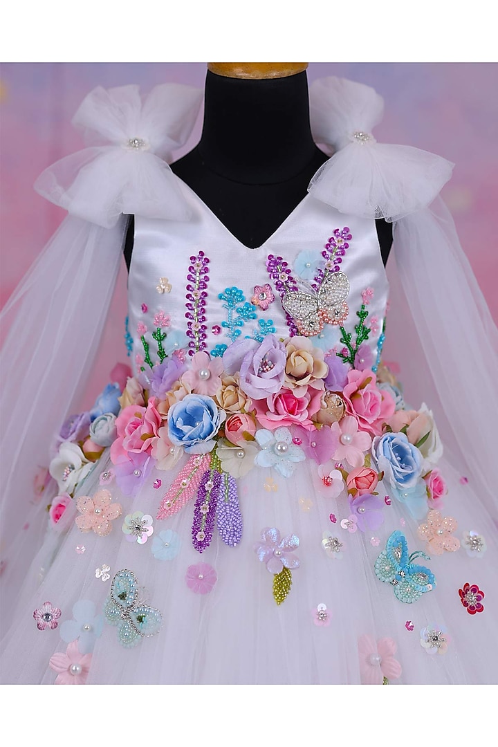 White Net & Satin Embroidered Gown For Girls by Li & Li Boutique at Pernia's Pop Up Shop