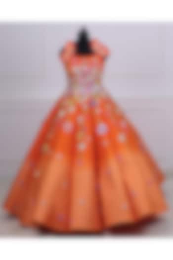 Orange Satin & Organza Embroidered Gown For Girls by Li & Li Boutique at Pernia's Pop Up Shop