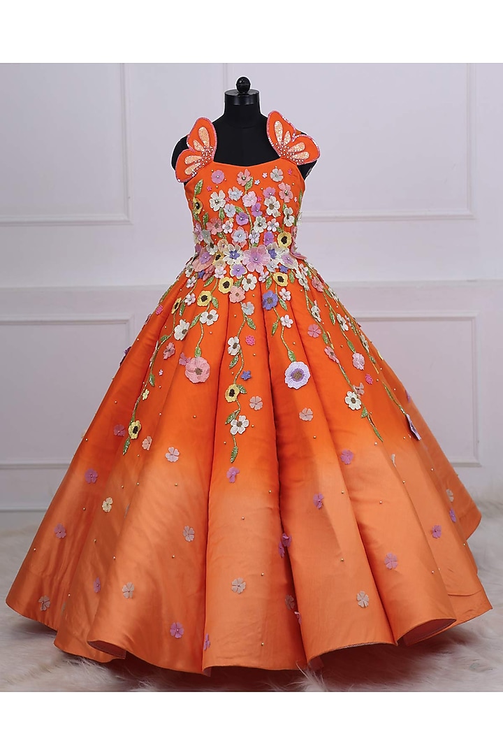 Orange Satin & Organza Embroidered Gown For Girls by Li & Li Boutique at Pernia's Pop Up Shop