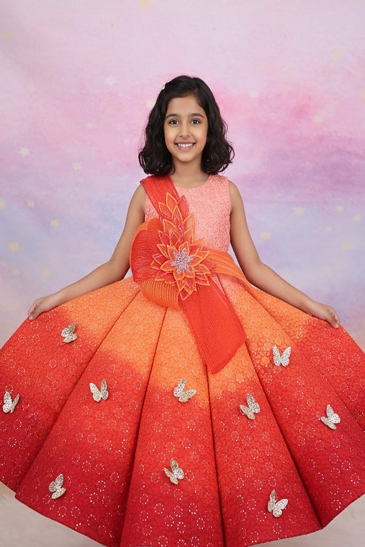 Orange Satin & Organza Embroidered Gown For Girls by Li & Li Boutique at Pernia's Pop Up Shop