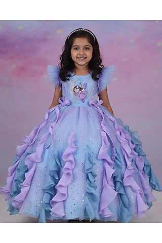Sky Blue Net & Satin Embroidered Gown For Girls by Li & Li Boutique