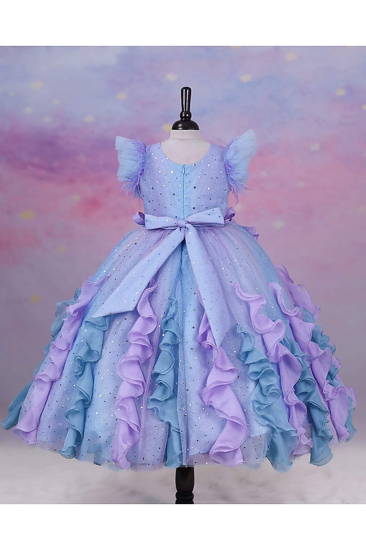 Sky Blue Net & Satin Embroidered Gown For Girls by Li & Li Boutique at Pernia's Pop Up Shop