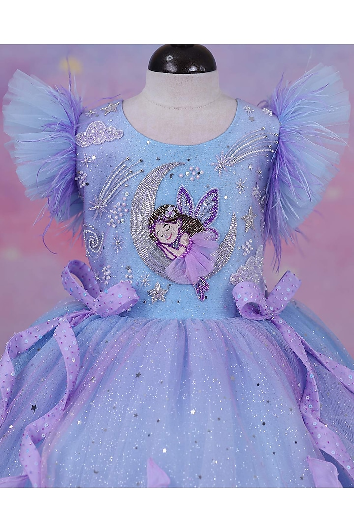 Sky Blue Net & Satin Embroidered Gown For Girls by Li & Li Boutique at Pernia's Pop Up Shop