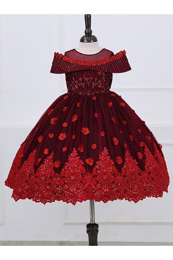 Dark Burgundy Net & Satin Embroidered Gown For Girls by Li & Li Boutique at Pernia's Pop Up Shop