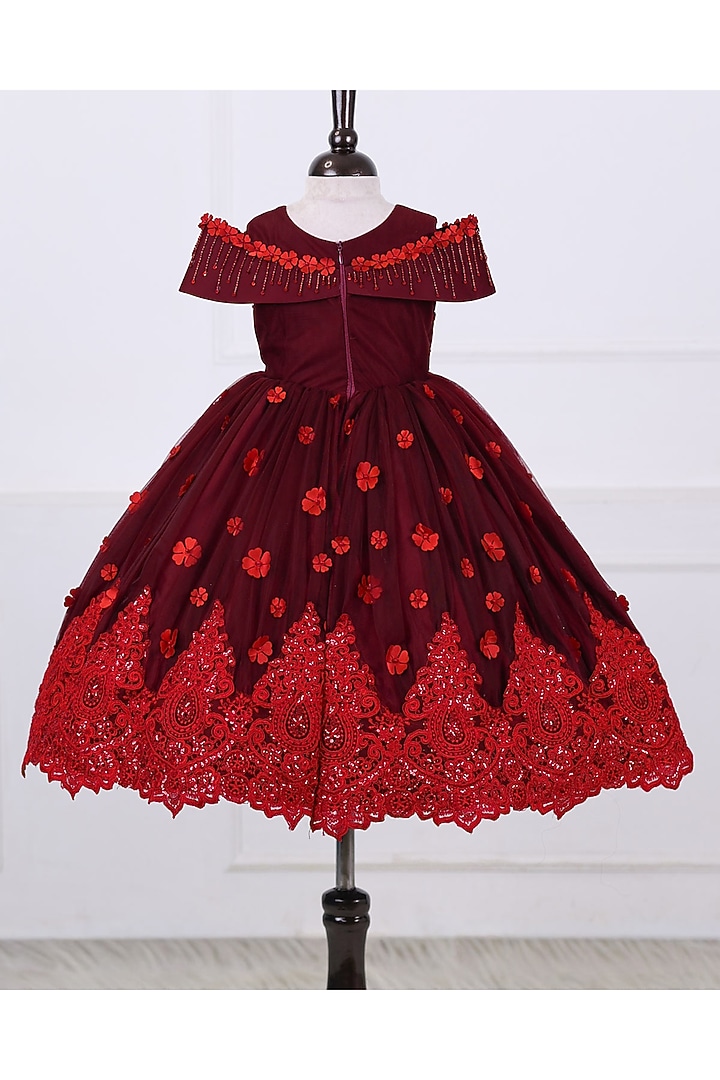 Dark Burgundy Net & Satin Embroidered Gown For Girls by Li & Li Boutique at Pernia's Pop Up Shop