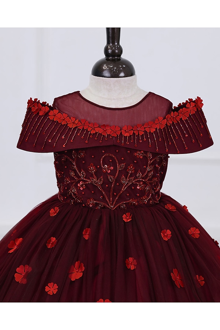 Dark Burgundy Net & Satin Embroidered Gown For Girls by Li & Li Boutique at Pernia's Pop Up Shop