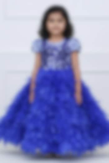 Royal Blue Net & Satin Embroidered Gown For Girls by Li & Li Boutique at Pernia's Pop Up Shop