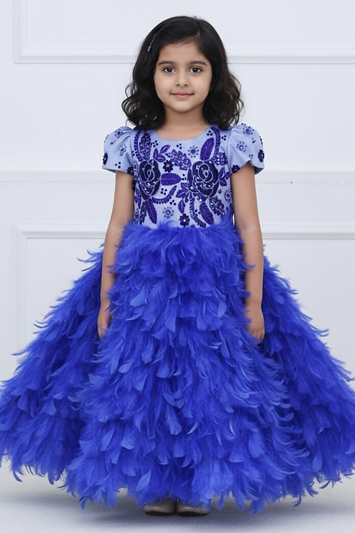 Royal Blue Net & Satin Embroidered Gown For Girls by Li & Li Boutique at Pernia's Pop Up Shop