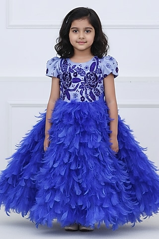 Royal Blue Net & Satin Embroidered Gown For Girls by Li & Li Boutique
