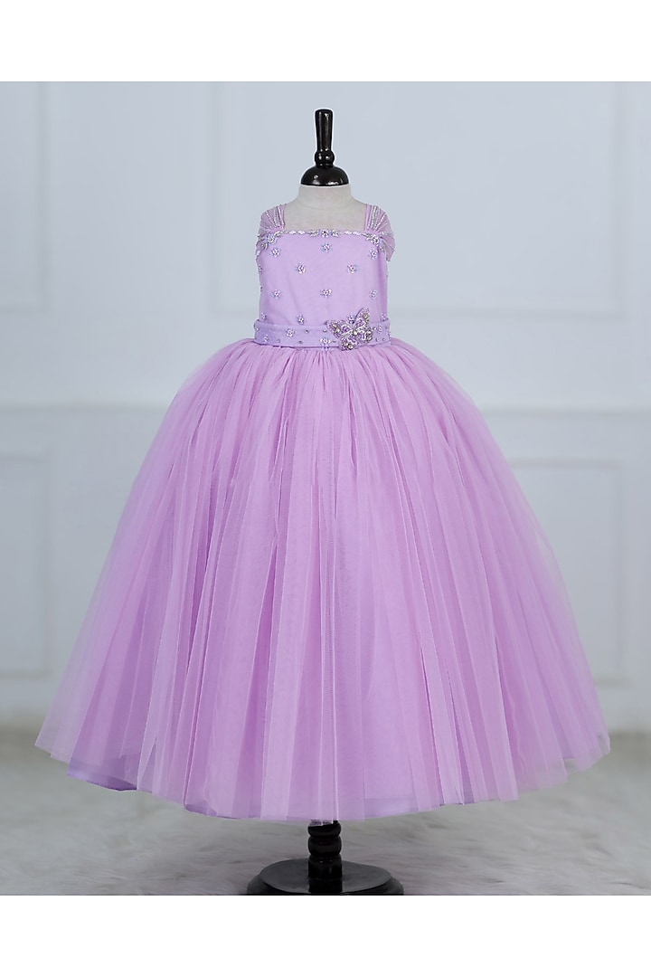 Lavender Net & Satin Embroidered Gown For Girls by Li & Li Boutique at Pernia's Pop Up Shop